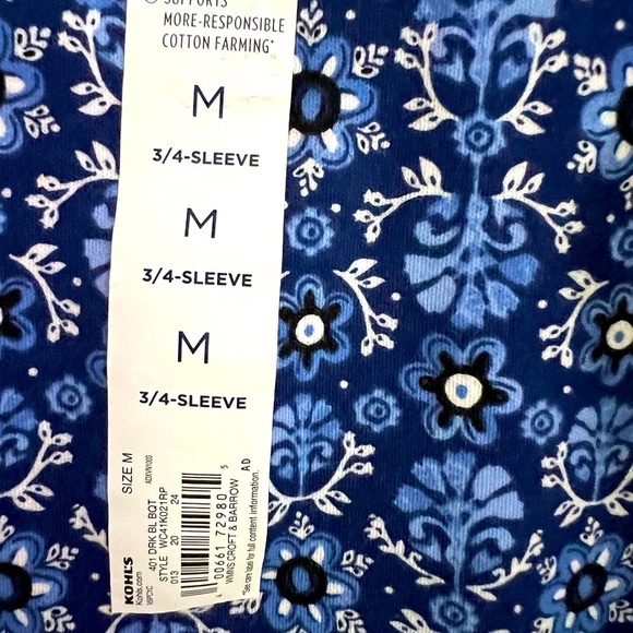 Croft & Barrow Blue Floral 3/4 Sleeve Top with Boat Neckline Size M - Picture 7 of 10